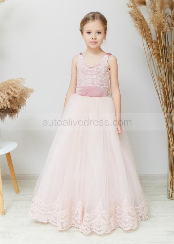 Scoop Neck Velvet Lace Tulle V Back Flower Girl Dress